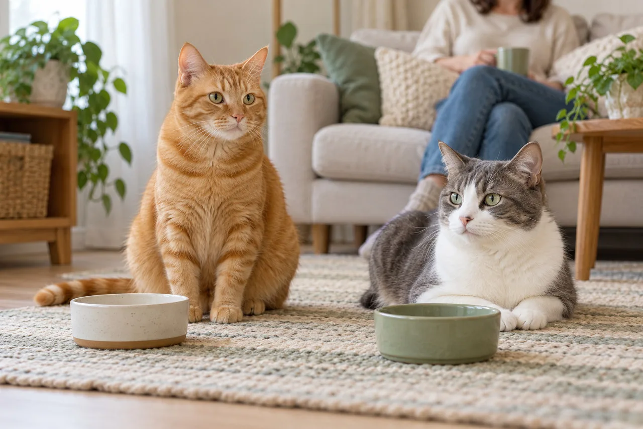 Two cats beside food bowls at home